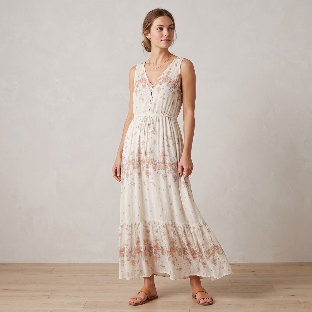 Lucky Brand Maxi Dress Womens M White Floral Sleeveless Drawstring Boho